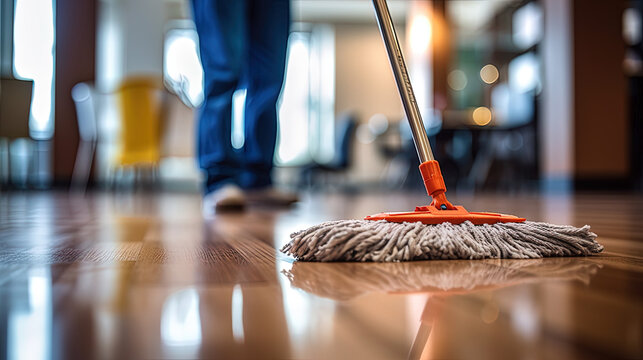 A cleaner mopping a commercial space
